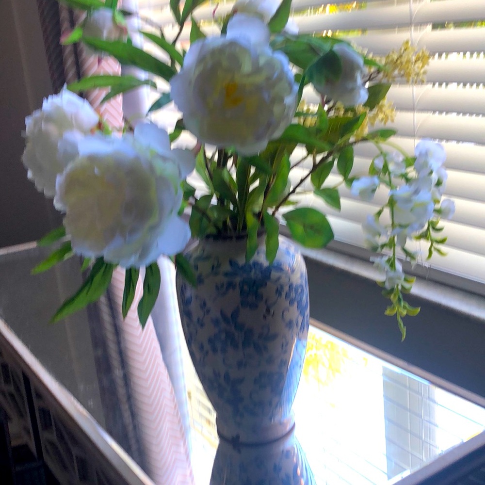 Vintage blue and white vase with peonies